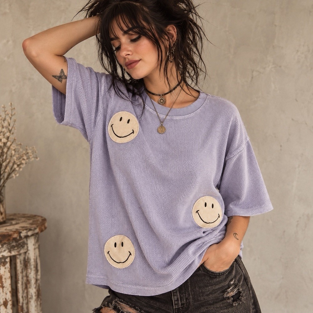 Samii Ryan Collab Smiley Thermal Oversized S/S Tee Sz L • Lilac Dopamine Grunge